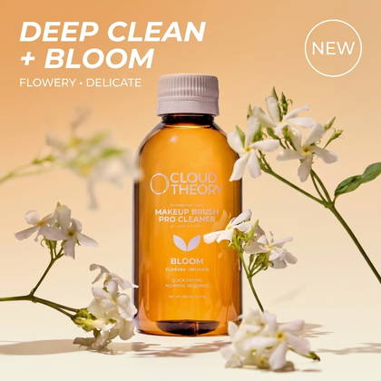 Cloud Theory Bloom brush cleaner, 200ml amber bottle with jasmine flowers